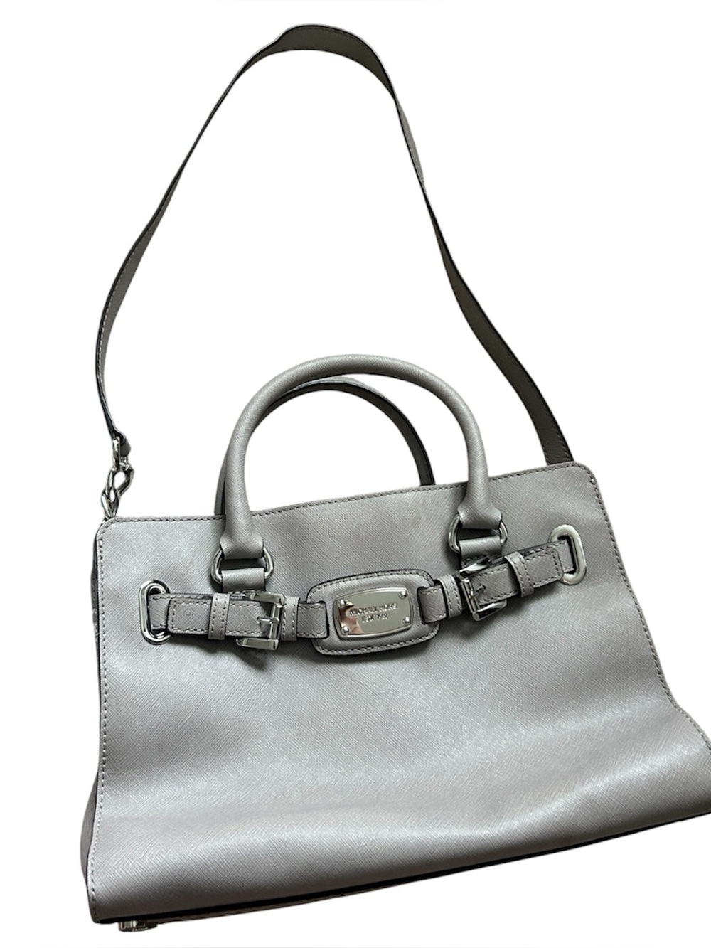 Michael Kors Hamilton Large Satchel Bag Gray Saffiano Leather Shoulder Strap